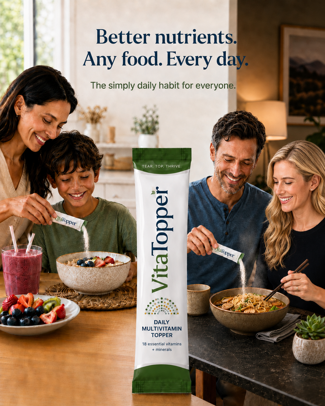 VitaTopper daily multivitamin sachet being used by a family at the table